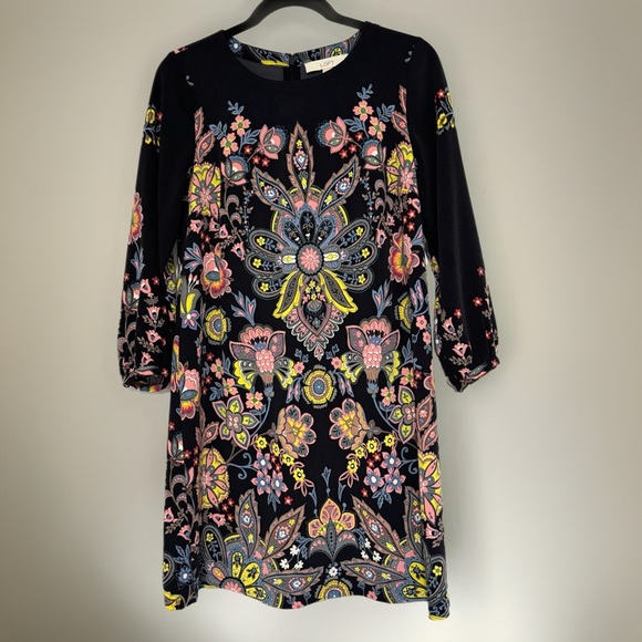 Ann Taylor LOFT Shift Dress Bold Medallion Floral Multi Long Sleeve Womens Sz SP - Picture 2 of 9